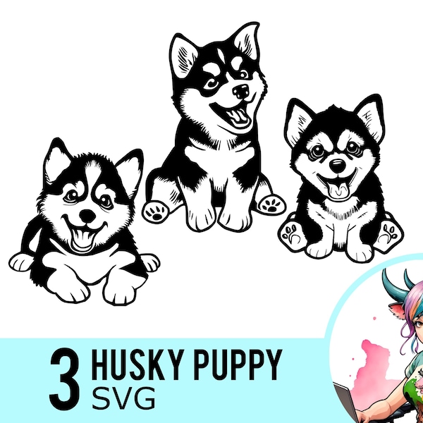 Husky Puppy SVG Clipart, Husky Pup Silhouette, Siberian Husky Template, Puppies Clip Art, Cut Files, Instant Download, 3 SVG Bundle, 541