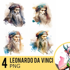 レオナルド ダ ヴィンチ 水彩画 PNG クリップアート、ダ ヴィンチ ポートレート 水彩画、即時ダウンロード、商用利用、4 つの個別の PNG 画像、UD207