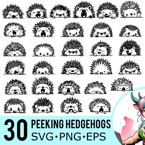 Peeking Hedgehog SVG PNG EPS Clipart, Hedgehog Silhouette, Hedgehog Face Template, Vector Cut Files, Instant Download, 30 Bundle Templates