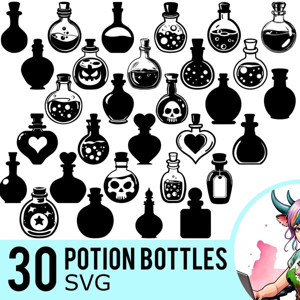 Potion Bottle SVG clipart, Glass Bottles Silhouette, Witch Alchemy Template, Vector Cut File, Instant Download, 30 SVG Bundle Templates, 455