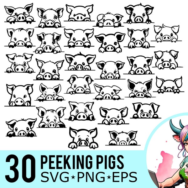 Peeking Pig SVG PNG EPS Clipart, Piglet Face Silhouette, Farm Animals Pigs Svg, Vector Cut Files, Instant Download, 30 Bundle Templates, 550