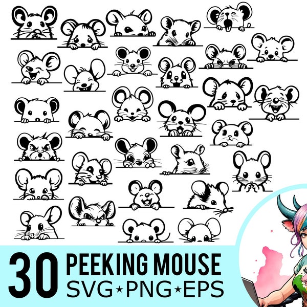 Peeking Mouse SVG PNG EPS Clipart, Cute Mice Silhouette, Small Rodent Template, Vector Cut Files, Instant Download, 30 Bundle Templates, 576