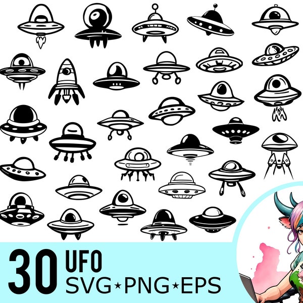 UFO SVG Png EPS Clipart, Space Craft Silhouette, Rocket Ship Template, Alien Vector Cut Files, Instant Download, 30 Bundle Templates, 434