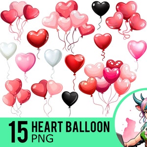 Heart Balloons Clipart PNG, Valentines Balloon Clip Art, Valentine Love, Instant Download, Commercieel Gebruik, 15 Transparante PNG-afbeeldingen, UD445