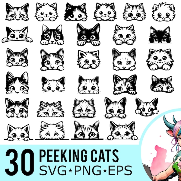 Peeking Cats SVG PNG EPS Clipart, Peeking Kitten Silhouette, Peeking Cat Template, Vector Cut Files, Instant Download, 30 Bundle Templates