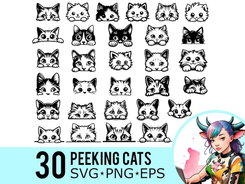 May include: A set of 30 black and white peeking cat illustrations. The cats are in various poses, with some looking to the left and some looking to the right. The text "30 Peeking Cats SVG*PNG*EPS" is at the bottom of the image.