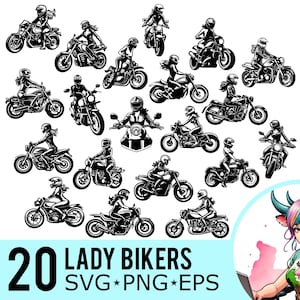 Clipart in formato SVG, PNG ed EPS di motociclista donna, silhouette di motocicletta, modello di motociclista donna, file di taglio per moto da ragazza, download digitale, 20 pacchetti