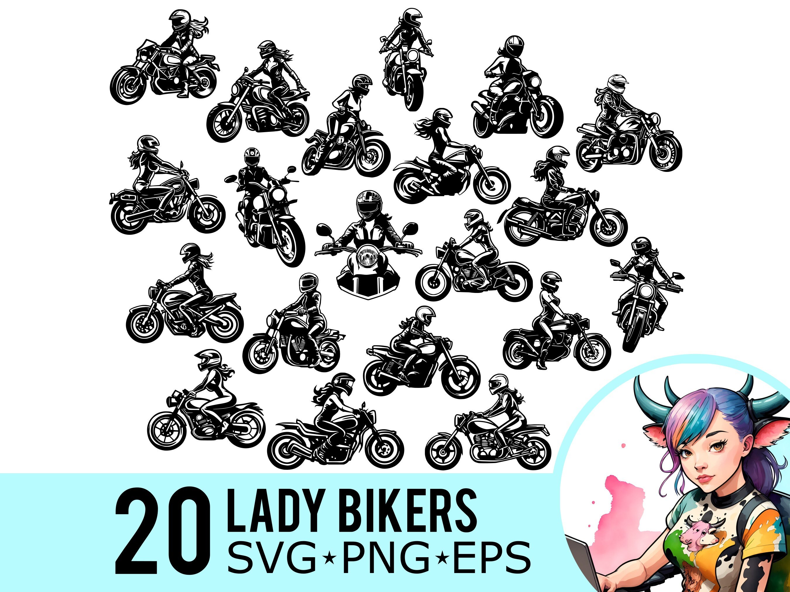 Lady Motorcycle Rider Svg Lady Biker SVG Clipart Bundle: Motorcycle Rider Template (digital ...