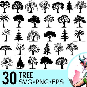Silhouette albero SVG PNG EPS Clipart, Silhouette foresta naturale, Modello alberi, File tagliati, Download istantaneo, 30 modelli di bundle, 429