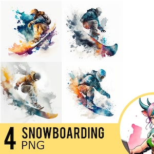 Snowboarding Watercolor PNG clipart, Snowboard Portrait Watercolour PNG, Instant Download, Commercial Use, Four Separate PNG Images, UD318