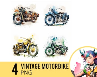 Vintage Motorbike Watercolor Clipart: 4 PNG Images (Commercial Use)