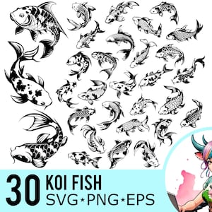 Koi Fisch SVG PNG EPS Clipart, Karpfen Silhouette, Nishikigoi asiatisch japanisch chinesisch Fisch, Schneidedatei, Sofortdownload, 30 Bundle-Vorlagen, 588