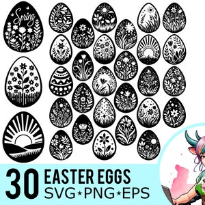 Huevos de Pascua SVG PNG EPS Clipart, silueta de huevo de flor de primavera, plantilla de huevo floral, archivos de corte vectorial, descarga instantánea, 30 plantillas de paquete