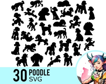 Clipart SVG de caniche: Paquete de 30 siluetas de perros (descarga instantánea)