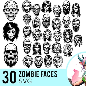 Clipart SVG visage de zombie, Silhouette de visages de zombies, Halloween horreur des morts-vivants, fichiers de coupe vectorielle, téléchargement immédiat, 30 modèles de lot SVG, 600