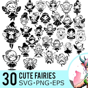 Cute Fairy SVG PNG EPS Clipart, silhueta de fadas dos desenhos animados, modelo de princesa de fantasia, arquivos cortados, download instantâneo, 30 modelos de pacote, 666