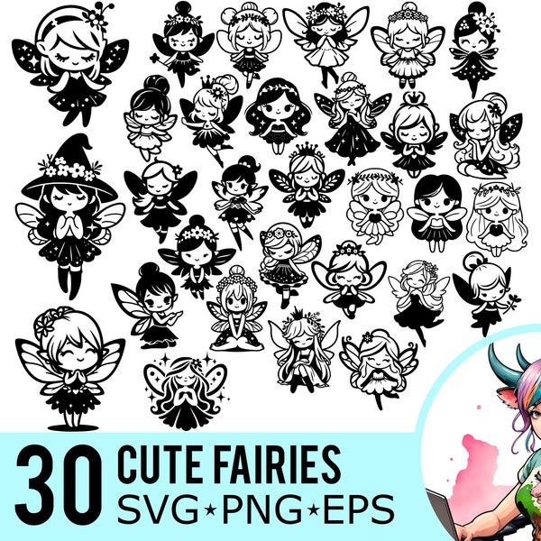 Cute Fairy SVG PNG EPS Clipart, Cartoon Fairies Silhouette, Fantasy Princess Template, Cut Files, Instant Download, 30 Bundle Templates, 666