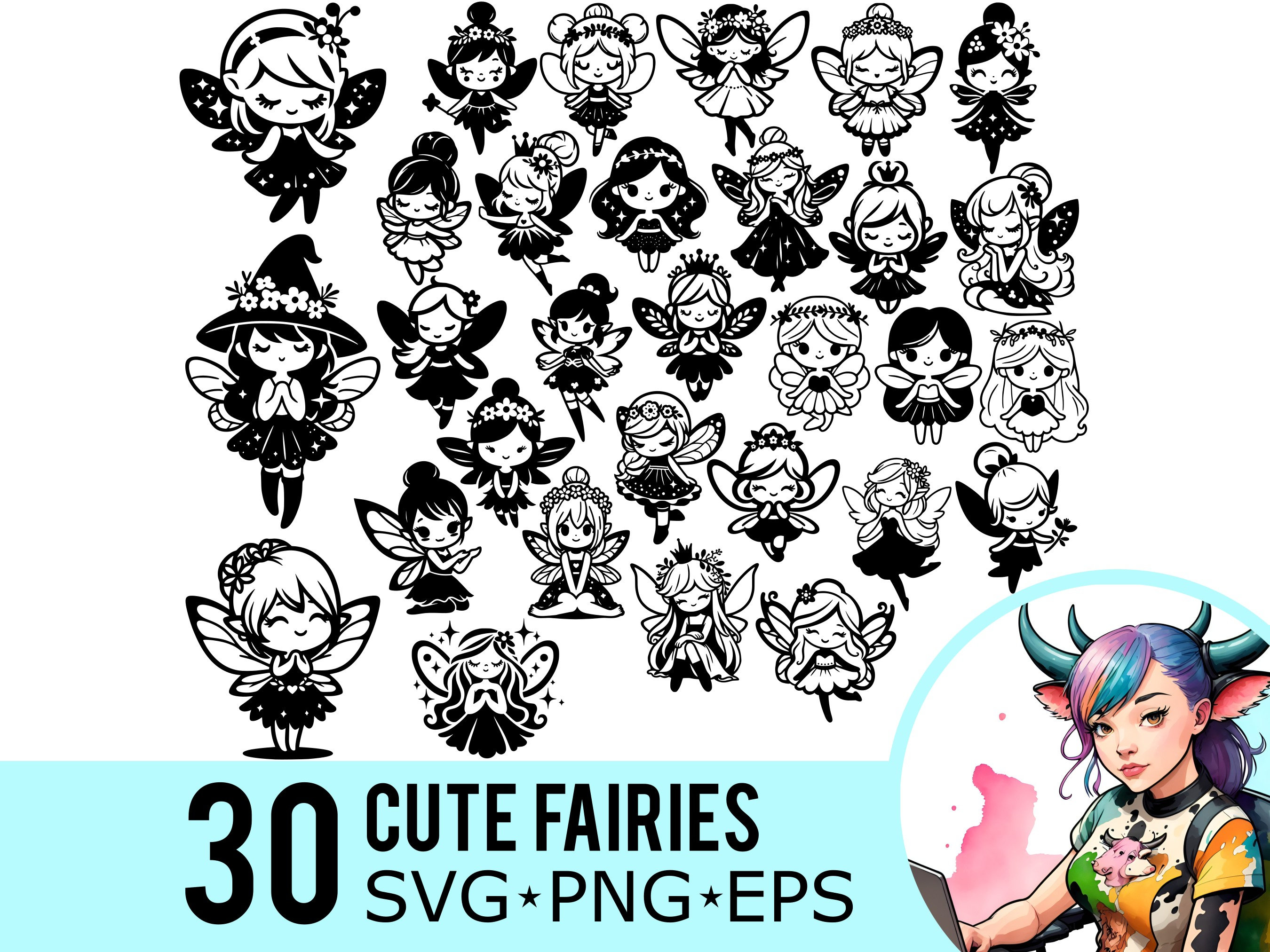 Cute Fairy SVG PNG EPS Clipart, Cartoon Fairies Silhouette, Fantasy ...