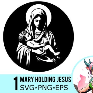 Mary Holding Jesus SVG PNG EPS Clipart, Baby Jesus Svg, Maagd Moeder Mary Template, Kerst Vector Cut File, Instant Download, 1 sjabloon