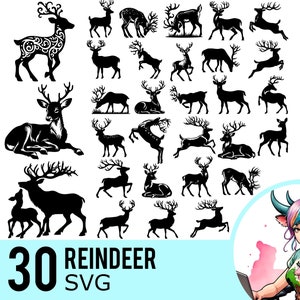 Clipart SVG di renne, silhouette di renne, modello vacanze di Natale, file tagliati di animali della foresta, download istantaneo, 30 modelli di pacchetti SVG