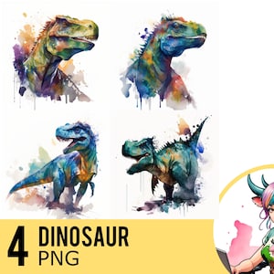 Clipart di dinosauri ad acquerello: Tyrannosaurus Rex 4 immagini PNG (download digitale)