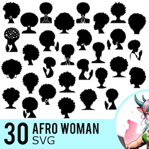アフロヘアのSVGクリップアート、祈る女性のシルエット、黒人アフリカ系アメリカ人少女のベクターカットファイル、即時ダウンロード、30個のSVGバンドルテンプレート