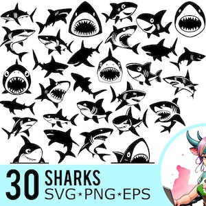 Tiburón SVG PNG EPS Clipart, Gran silueta blanca, Plantilla de cara de tiburones asomando, Tiburón lindo, Archivo cortado, Descarga instantánea, 30 plantillas de paquete