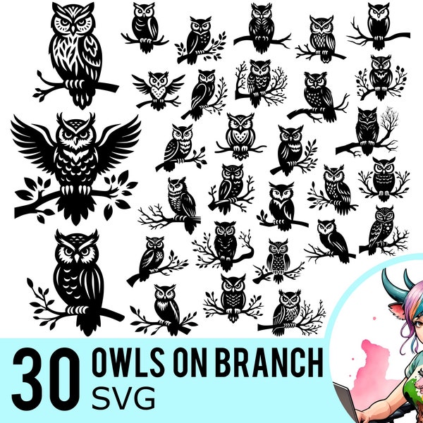 Owls on Branch SVG clipart, Cute Owl Silhouette, Spooky Bird Tree Branch Template, Cut Files, Instant Download, 30 SVG Bundle Templates, 670