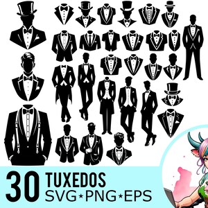 May include: A set of 30 black and white tuxedo silhouettes. The tuxedos are in various poses, including standing, sitting, and dancing. The text "30 TUXEDOS SVG*PNG*EPS" is at the bottom of the image.