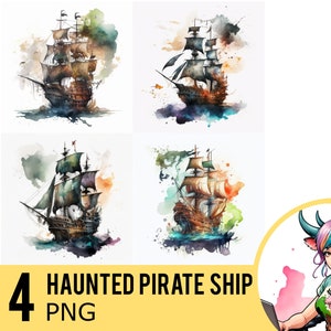 Haunted Pirate Ship Watercolor PNG clipart, Galleon Portrait Watercolour, Instant Download, Commercial Use, Four Separate PNG Image, UD172