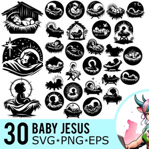 Niño Jesús SVG PNG EPS Clipart, Silueta del pesebre de Jesucristo, Archivos de corte vectoriales navideños, Descarga instantánea, 30 plantillas, 625