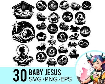 Bébé Jésus SVG PNG EPS Clipart, Silhouette de scène de crèche de Jésus-Christ, fichiers vectoriels Noël coupés, téléchargement immédiat, 30 modèles de lot, 625