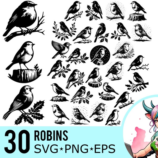 Robin SVG PNG EPS Clipart, Birds Silhouette, Christmas Holly Branch Template, Snow Robins Cut Files, Instant Download, 30 Bundle Templates
