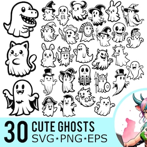 Fantômes mignons SVG PNG EPS Clipart, Halloween chat pirate sorcière loup-garou assistant Dino pharaon diable squelette lapin fantôme, lot de 30 images numériques