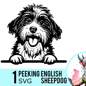 Peeking Sheepdog SVG Clipart, Peeking Old English Sheepdog Face, Dog Portrait, Vector Cut File, Instant Download, 1 SVG Template, 489