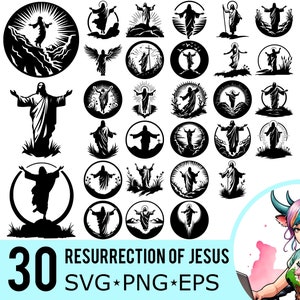 Zmartwychwstanie Jezusa SVG PNG EPS Clipart, Niedziela Wielkanocna Sylwetka Sceny Narodzenia, Pliki wektorowe do cięcia, Natychmiastowe pobieranie, 30 szablonów pakietów