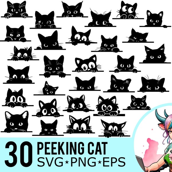 Peeking Cat SVG PNG EPS Clipart, Peeking Kitten Silhouette, Peeking Cats Template, , Cut Files, Instant Download, 30 Bundle Templates, 407