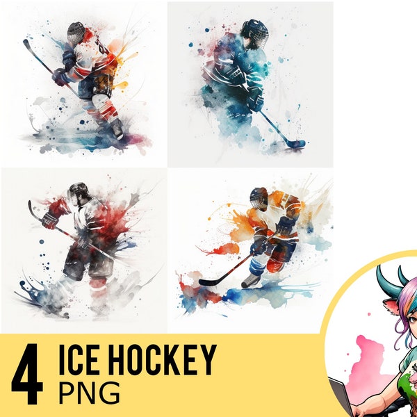 Ice Hockey Watercolor PNG clipart, Player Portrait Watercolour PNG, Instant Download, Commercial Use, Four Separate PNG Images, UD313