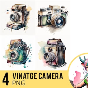 Vintage Kamera Aquarell Clipart: 4 PNG Bilder (kommerzielle Nutzung)