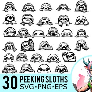 Peeking Sloth Clipart: 30 Vector Cut File Bundle (SVG, PNG, EPS)