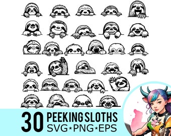 Peeking Sloth Clipart: 30 Vector Cut File Bundle (SVG, PNG, EPS)