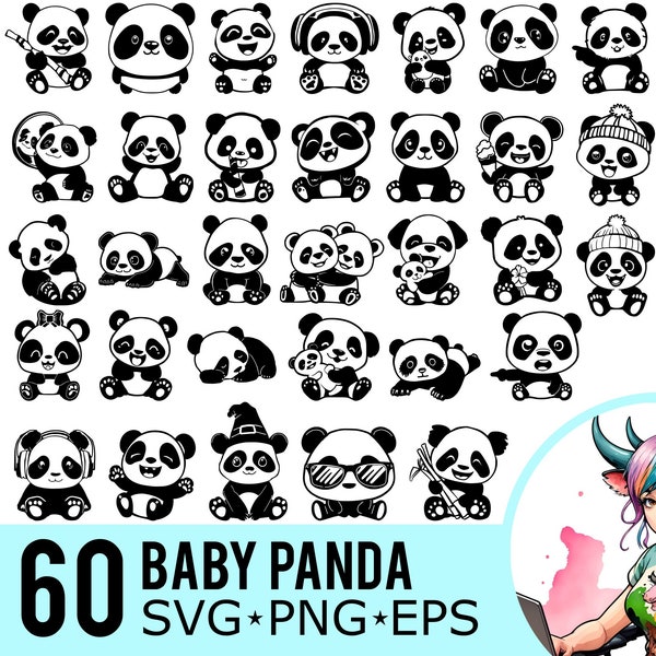Panda SVG PNG EPS Clipart, Baby Pandas Silhouette, Cute Panda Template, Kawaii Pandas, Cut Files, Instant Download, 60 Bundle Templates, 421