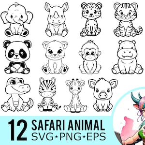 Op de afbeelding: Een set van 12 zwart-witte lijntekeningen van safari-dieren. De dieren omvatten een panda, een neushoorn, een aap, een nijlpaard, een zebra, een giraffe, een krokodil, een tijger, een luipaard en een olifant. De illustraties zijn in cartoon-stijl en perfect voor gebruik in knutselwerk, scrapbooking of digitaal ontwerp.