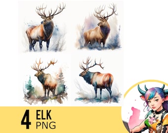 Elk Watercolor Portrait Clipart: Four PNG Images (Digital Download)