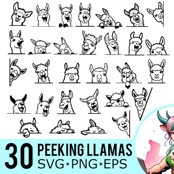 Peeking Llama SVG PNG EPS Clipart, Llamas Silhouette, Llama Face Template, Vector Cut Files, Instant Download, 30 Bundle Templates, 581