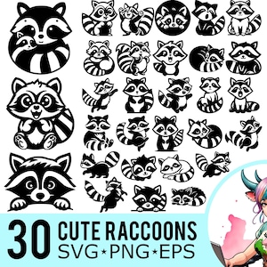 Cute Raccoon SVG PNG EPS Clipart, Peeking Racoons Silhouette, Forest Racoon Template, Cut Files, Instant Download, 30 Bundle Templates, 641