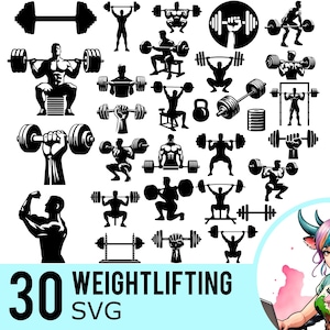 Weightlifting SVG Clipart: Bodybuilding Silhouette Templates (30 Bundle) (Instant Download)
