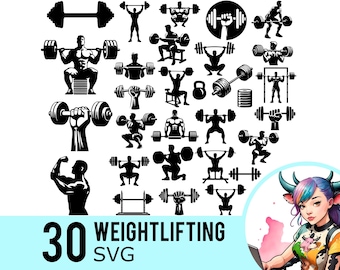 Weightlifting SVG Clipart: Bodybuilding Silhouette Templates (30 Bundle) (Instant Download)