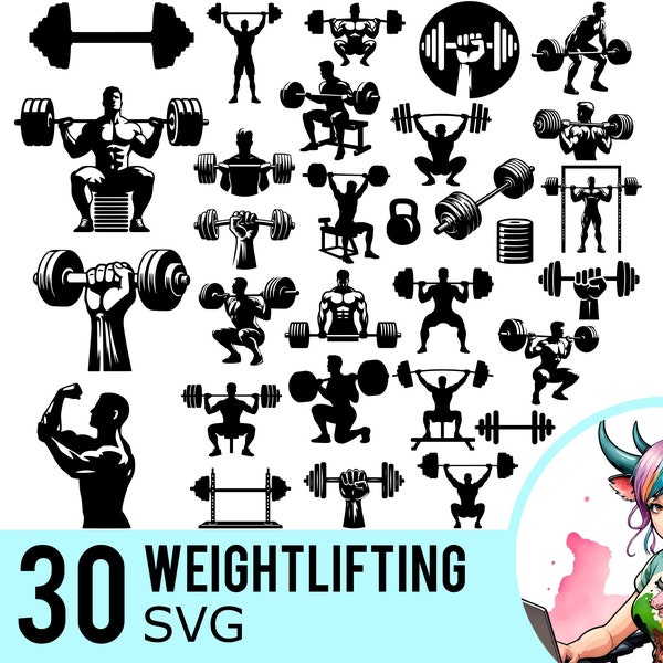 Barbell SVG clipart, Weightlifting Bodybuilding Powerlifting Silhouette Template, Weights Cut Files, Instant Download, 30 Bundle Templates