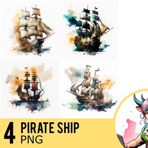 Watercolor Pirate Ship Clipart: Galleon 4 PNG Images (Commercial Use)